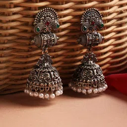 Sangria Red & Green Silver-Plated Stone-Studded & Beaded Jhumka image 2