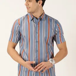 Moda Rapido Blue Smart Slim Fit Vertical Striped Pure Cotton Casual Shirt-image-36