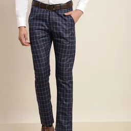 SOJANYA Men Navy Blue Checked Smart Formal Trousers-picture-33