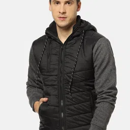 Campus Sutra Men Black & Charcoal Grey Windcheater Hooded Padded Jacket-image-54