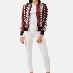 NUEVOSDAMAS Women Beige Red Printed Bomber Jacket-picture-23