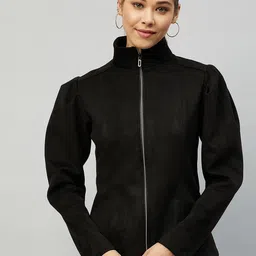 Carlton London Women Black Solid Mock Collar Tailored Jacket-picture-35