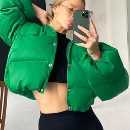 StyleCast Green Stand Collar Crop Quilted Jacket-picture-21