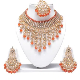 Swarajshop Gold-Plated Orange-Coloured White Kundan Studded Jewellery Set-picture-17