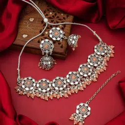aadita Silver-Toned & Beige Stone-Studded & Pearl Beaded Handcrafted Jewellery Set-picture-26