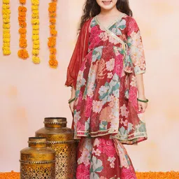 Bitiya by Bhama Girls Pink Floral Print Sequinned Cotton Angrakha Kurta with Sharara-picture-14