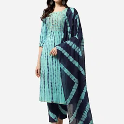 MIRCHI FASHION Women Turquoise Blue Striped Pleated Sequinned Kurti with Trousers & With Dupatta-picture-34