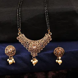 ANIKAS CREATION Gold-Plated Black & Beige Stone-Studded & Beaded Mangalsutra With Earrings-image-85