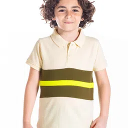 Cherry Crumble Unisex Kids Cream-Coloured & Olive Green Striped Polo Collar T-shirt-picture-24