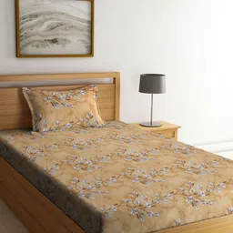 KLOTTHE Beige & White Floral Pure Cotton 400 TC Single Bedsheet With 1 Pillow Cover-picture-23
