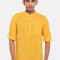 indus route by Pantaloons Men Mustard Yellow Woven Design Cotton Kurta-image-30
