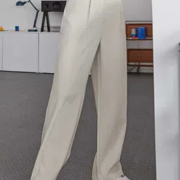 Next One Women Beige Smart Loose Fit High-Rise Easy Wash Pleated Parallel Trousers-picture-29