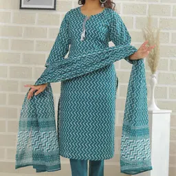 KALINI Women Printed Regular Pure Cotton Kurta with Trousers & With Dupatta-picture-22
