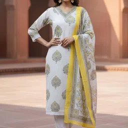 Indo Era Ethnic Motifs Printed Regular Pure Cotton Straight Kurta With Trousers & Dupatta-image-80