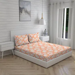 Boutique Living India Peach Floral 300 TC Cotton Super King Bedsheet with 2 Pillow Covers-picture-13
