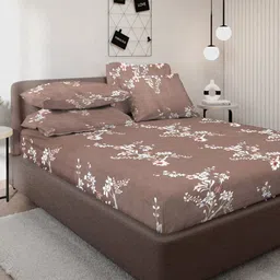 KLOTTHE Brown & Pink Floral Printed 300 TC Fitted Double King Bedsheet With 4 Pillow Cover-image-79