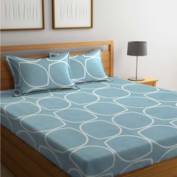KLOTTHE Blue & White Geometric Printed 300 TC Fitted King Bedsheet With 2 Pillow Covers-picture-39