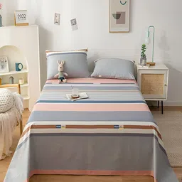 JC HOME Grey & Peach Striped Cotton 200 TC King Bedsheet With 2 Pillow Covers image 1