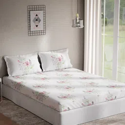 DDecor White & Pink Floral 140 TC Cotton Queen Bedsheet with 2 Pillow Covers image 1