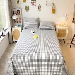 JC HOME White & Blue Geometric Cotton 220 TC King Bedsheet With 2 Pillow Covers image 1