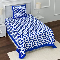 Aura Blue & White Geometric 120 TC Pure Cotton Single Bedsheet With 2 Pillow Covers image 1
