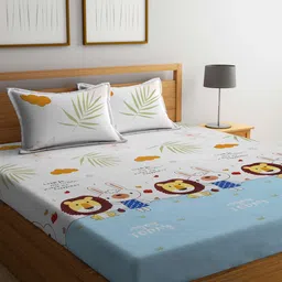 FABINALIV White & Blue Graphic 300 TC Fitted King Bedsheet with 2 Pillow Covers image 1