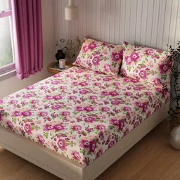 kopa BIANCA Off White & Pink Floral Cotton 120 TC Queen Bedsheet with 2 Pillow Covers image 1