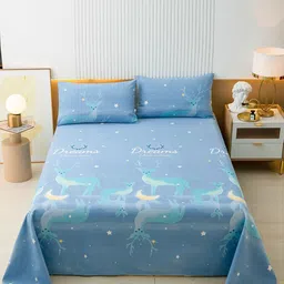 JC HOME Blue & White Graphic King Bedsheet with Pillow Covers image 1