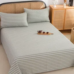 JC HOME Grey & White Striped 220 TC Pure Cotton King Bedsheet With 2 Pillow Covers image 1