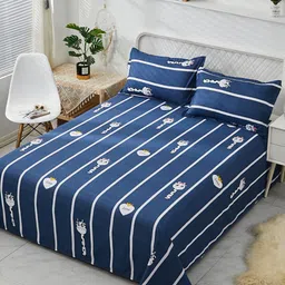 JC HOME Blue & White Striped 130 TC King Bedsheet with 2 Pillow Covers image 1