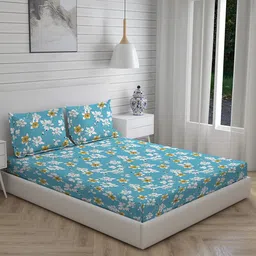Layers Blue & Mustard Floral 144 TC King Bedsheet with 2 Pillow Covers image 1
