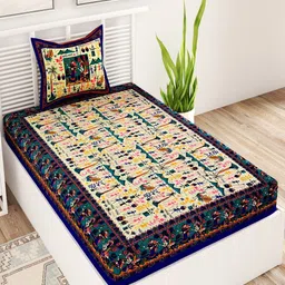 UNIQCHOICE Blue Ethnic Motifs Cotton 120 TC Single Bedsheet & 1 Pillow Cover-image-1