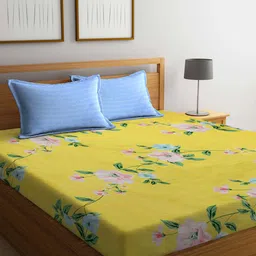 KLOTTHE Yellow & Pink Floral Printed 300 TC Fitted King Bedsheet With 2 Pillow Covers-image-42