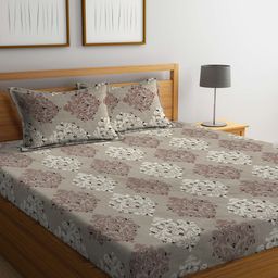KLOTTHE Grey & White Ethnic Motifs Printed 300 TC King Bedsheet With 2 Pillow Covers-picture-5