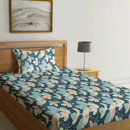 KLOTTHE Blue & Brown Printed Fitted 300 TC Single Bedsheet & 1 Pillow Covers-picture-29