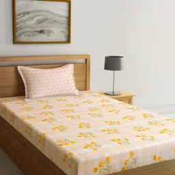 KLOTTHE Orange & White Floral Printed 300TC Fitted Single Bedsheet With 1 Pillow Cover-image-78