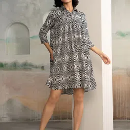 AASK Women Geometric Printed Shirt Collar A-Line Knee Length Dress-image-30