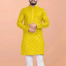click n buy kingenterprise Men Self Design Straight Kurta (Yellow)-picture-29