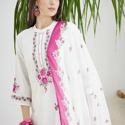 Indo Era Floral Embroidered Thread Work Pure Cotton Kurta With Trousers & Dupatta-image-66