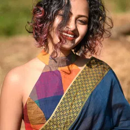 Suta Women Blue & Orange Colored Checked Printed Cotton Saree Blouse-picture-32