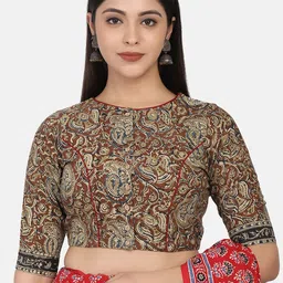 THE WEAVE TRAVELLER Brown Hand Printed Kalamkari Cotton Saree Blouse-image-93