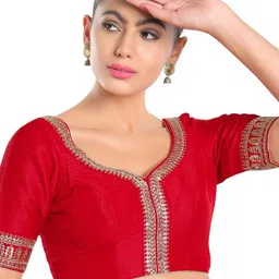 SALWAR STUDIO Red & Gold-Coloured Embroidered Readymade Saree Blouse-picture-16