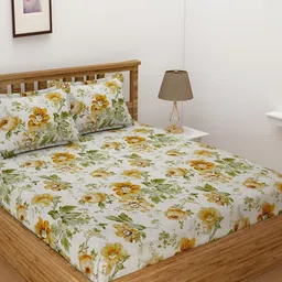 Srijee Decors Orange & White Floral 210 TC Fitted King Bedsheet With 2 Pillow Covers-image-58