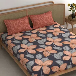 Srijee Decors Orange & Blue Floral 210 TC Fitted King Bedsheet With 2 Pillow Covers-image-22
