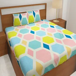 Srijee Decors White & Blue Geometric 210 TC Fitted King Bedsheet with 2 Pillow Covers-image-15