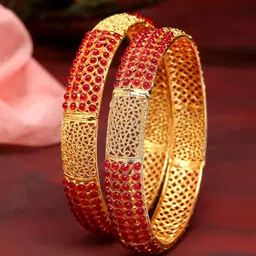 Kennice Set of 2 Gold-plated Filgree Designed Stone Studded  Brass Bangles-image-5