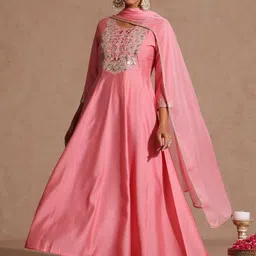 Janasya Women Floral Embroidered Panelled Sequinned Chanderi Silk Kurta with Trousers & With Dupatta-picture-35