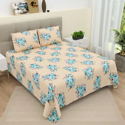 DREAM WEAVERZ Yellow & Blue Floral Pure Cotton 220 TC King Bedsheet With 2 Pillow Covers-picture-10
