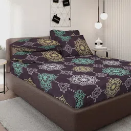 KLOTTHE Brown Floral Printed 300TC Double King Flat Bedsheet With 4 Pillow Covers-image-91
