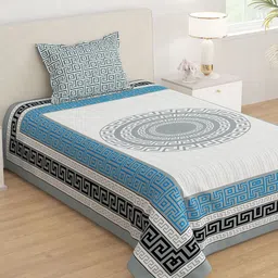 Story@home Cream-Coloured & Blue Geometric 210 TC Single Bedsheet with 1 Pillow Covers-picture-33
